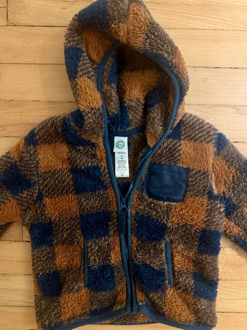 Little Me Navy & Brown Check Sherpa Hoodie